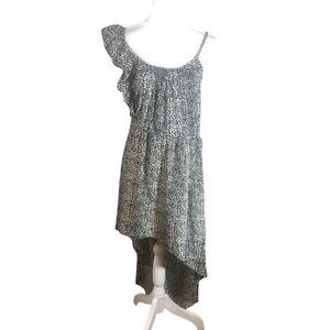 Envy Me Rayon Black Cream Geo Print Dress M High Low Ruffle Shoulder Asymmetric